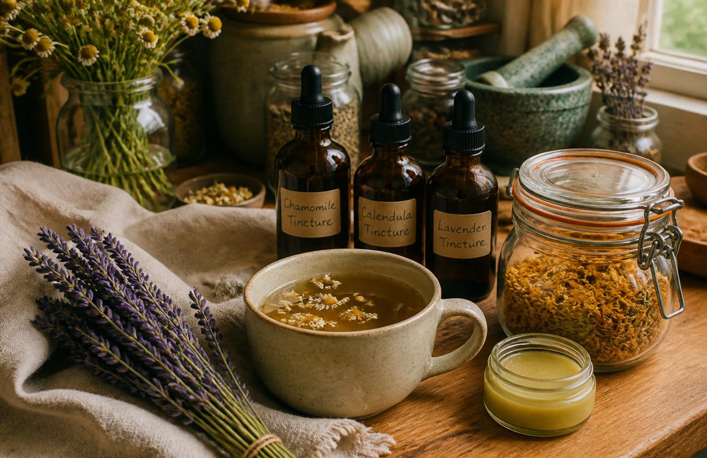 Homemade herbal remedies from a medicinal garden including chamomile tea, calendula salve and labeled tincture bottles