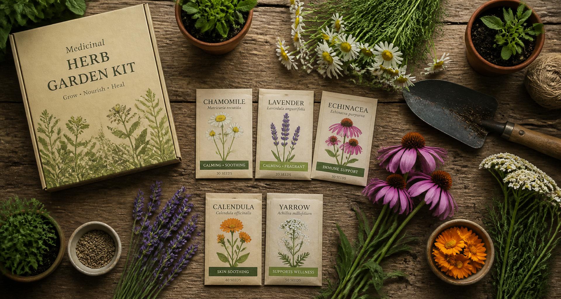 Medicinal Garden Kit with labeled herb seed packets, chamomile, lavender, echinacea, calendula and yarrow on a wooden table