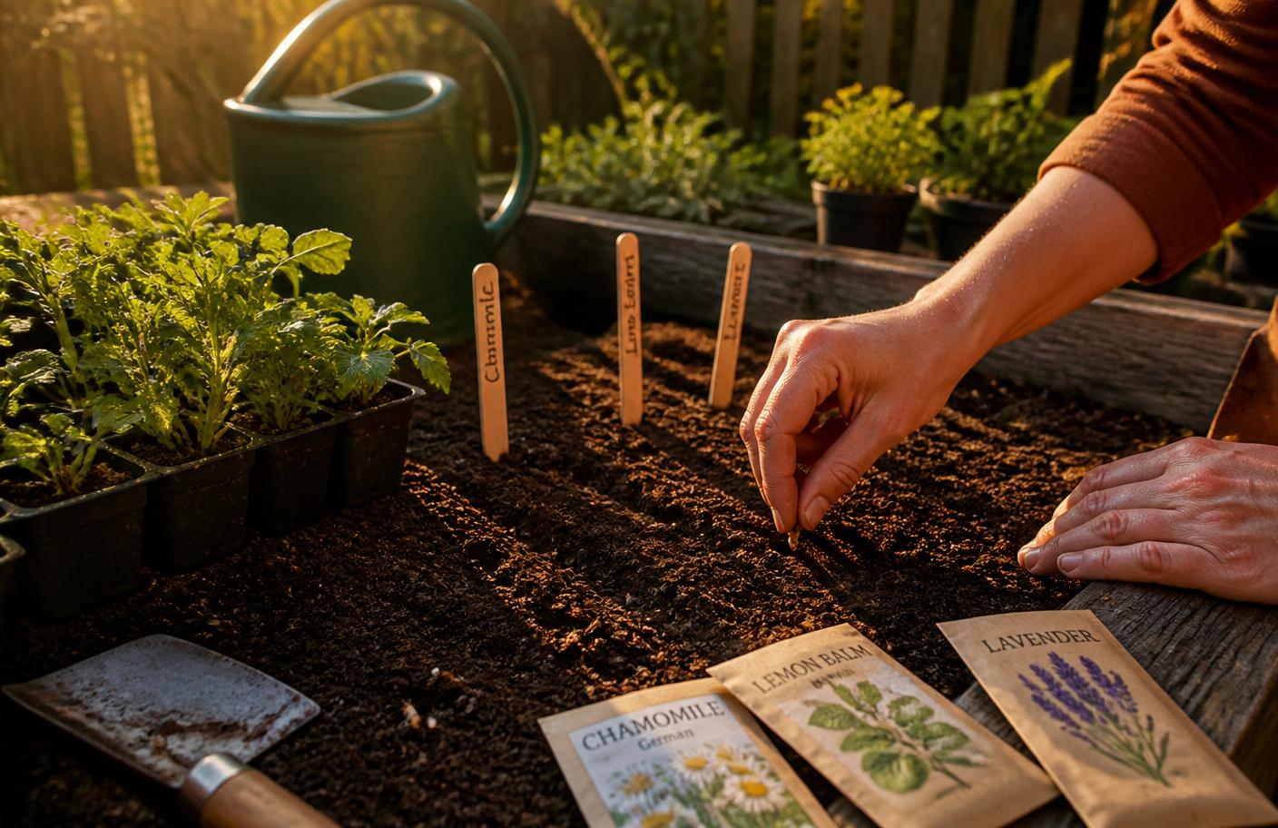Hands sowing medicinal herb seeds from the Medicinal Garden Kit into a raised garden bed with seed packets and plant markers