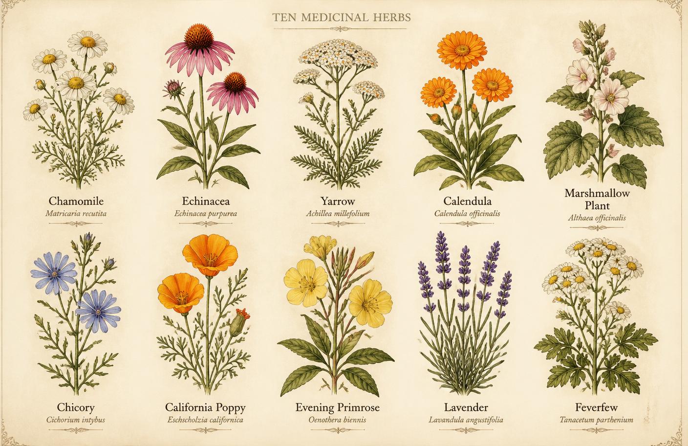 Botanical illustration chart of the ten medicinal herbs in the Medicinal Garden Kit including chamomile, echinacea, yarrow, calendula and lavender
